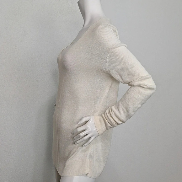 Theory Ribbed Ivory V-Neck Sheer Coquette Coastal Linen Blend Sweater Size 00/0 - Picture 5 of 7